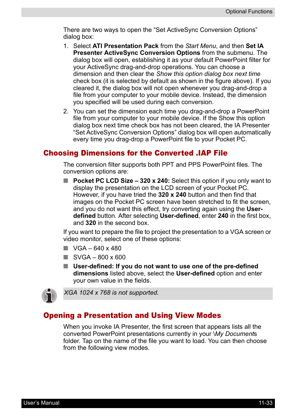 Choosing dimensions for the converted .iap file, Opening a presentation and using view modes | Toshiba Pocket PC e800 User Manual | Page 188 / 223