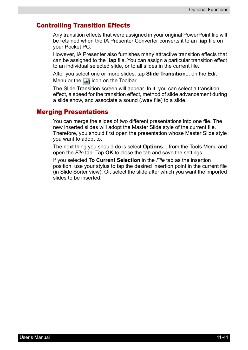 Controlling transition effects, Merging presentations | Toshiba Pocket PC e800 User Manual | Page 196 / 223