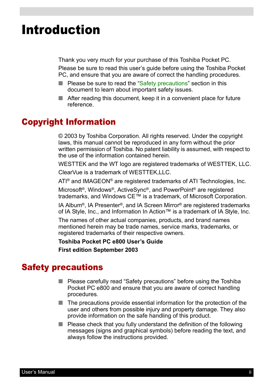 Introduction, Copyright information, Safety precautions | Toshiba Pocket PC e800 User Manual | Page 2 / 223