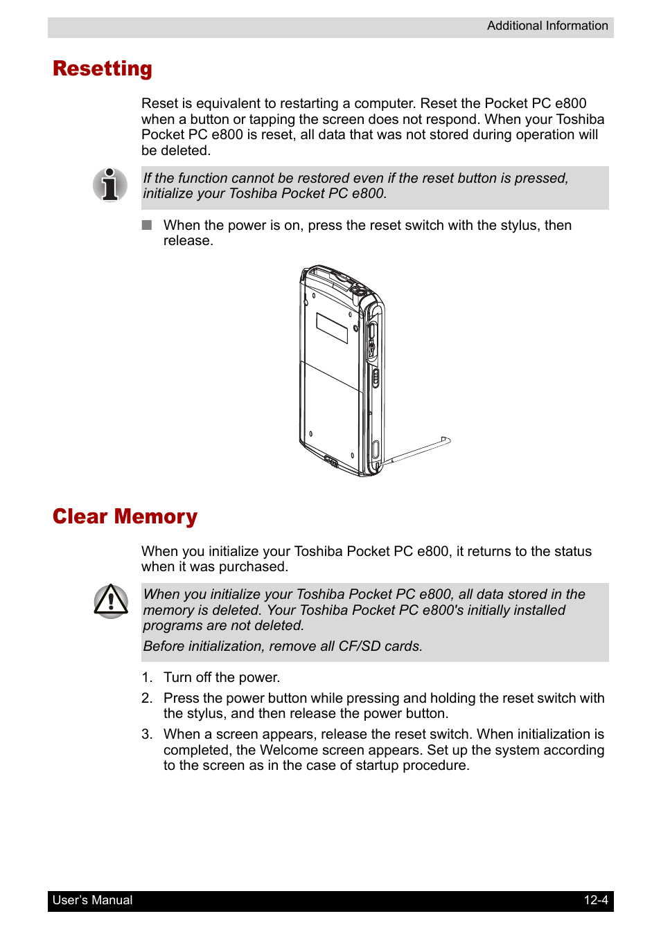 Resetting, Clear memory, Resetting -4 clear memory -4 | Toshiba Pocket PC e800 User Manual | Page 202 / 223