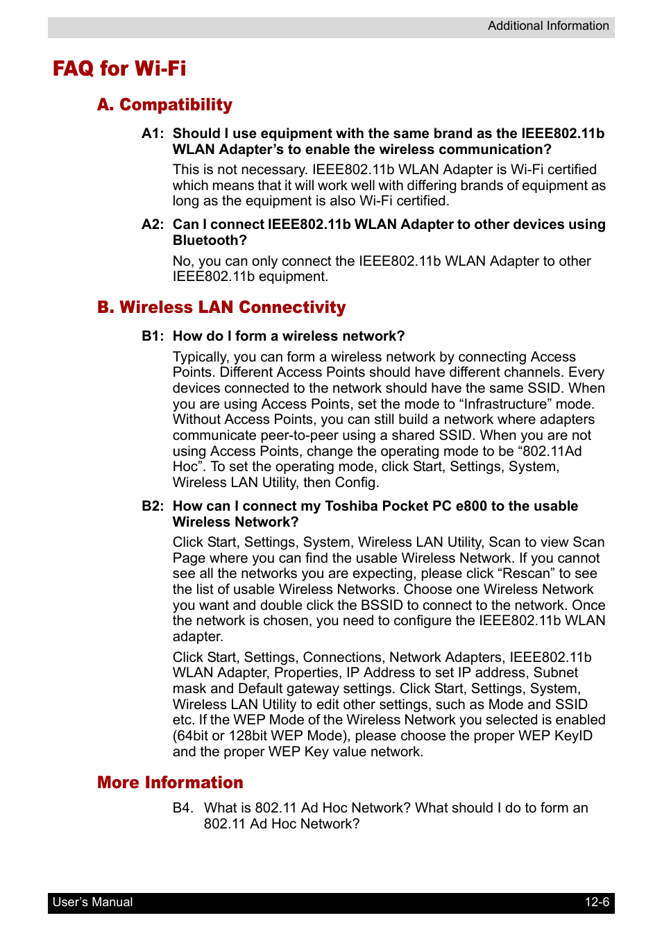 Faq for wi-fi, A. compatibility, B. wireless lan connectivity | More information, Faq for wi-fi -6 | Toshiba Pocket PC e800 User Manual | Page 204 / 223