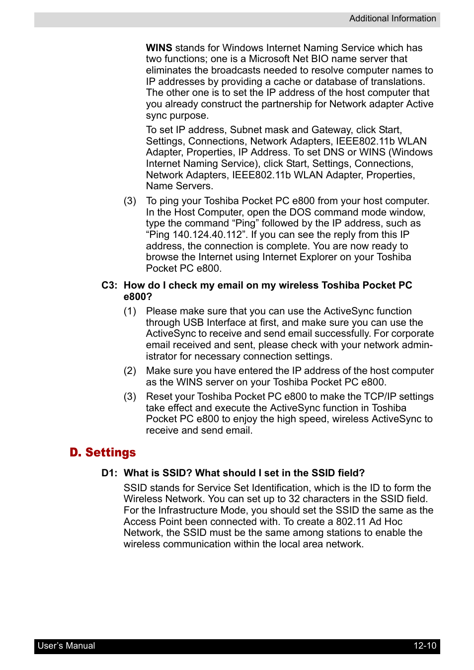 D. settings | Toshiba Pocket PC e800 User Manual | Page 208 / 223