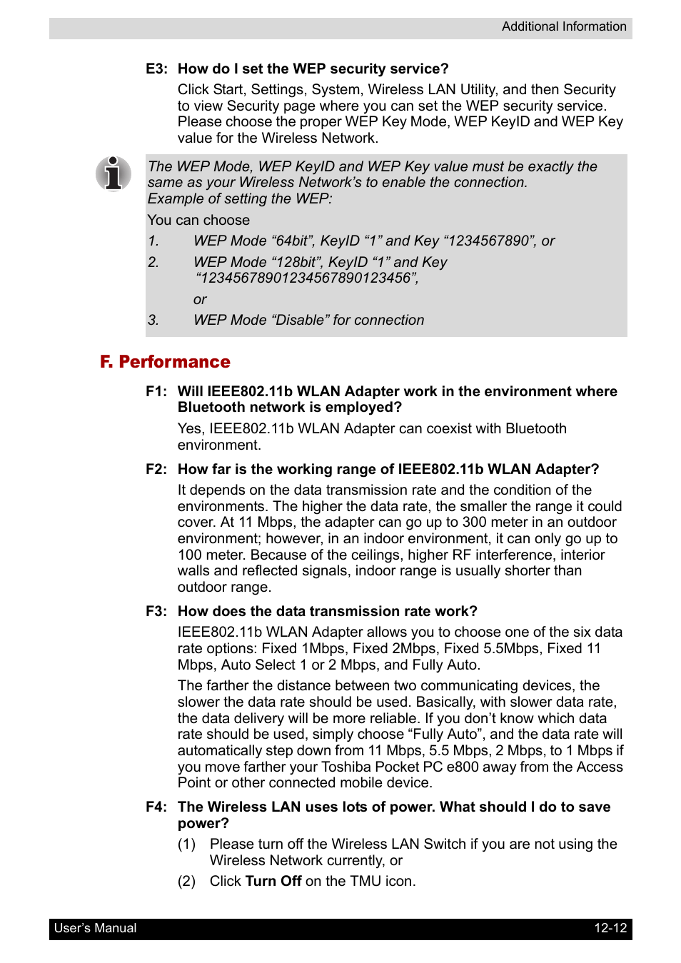 F. performance | Toshiba Pocket PC e800 User Manual | Page 210 / 223