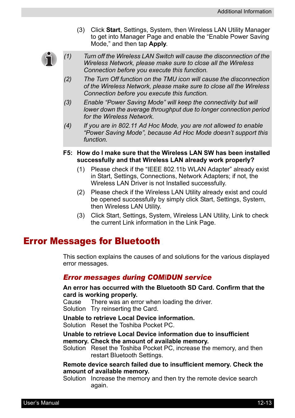 Error messages for bluetooth, Error messages for bluetooth -13 | Toshiba Pocket PC e800 User Manual | Page 211 / 223