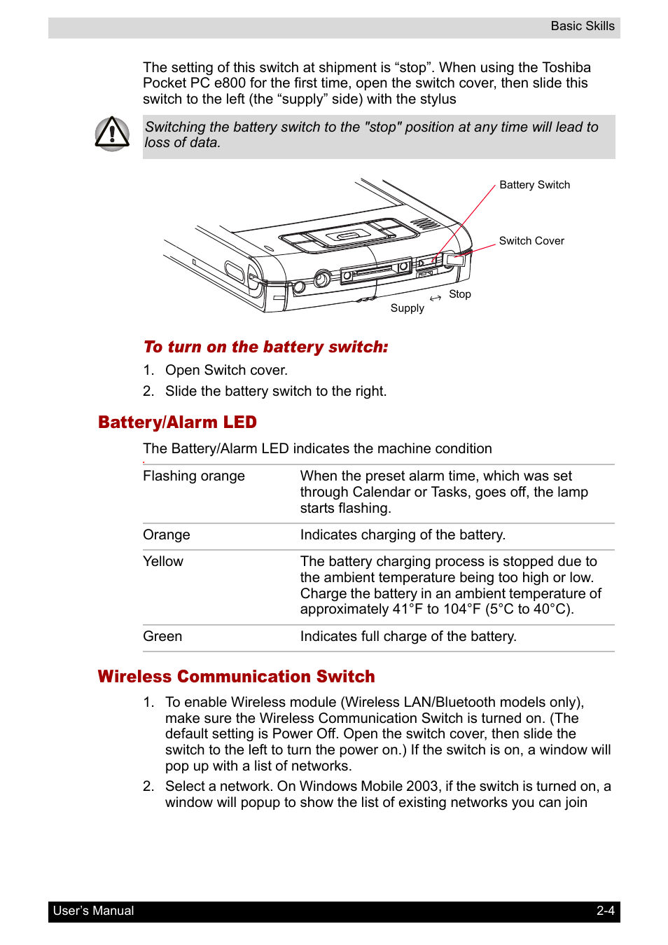 Battery/alarm led, Wireless communication switch | Toshiba Pocket PC e800 User Manual | Page 22 / 223