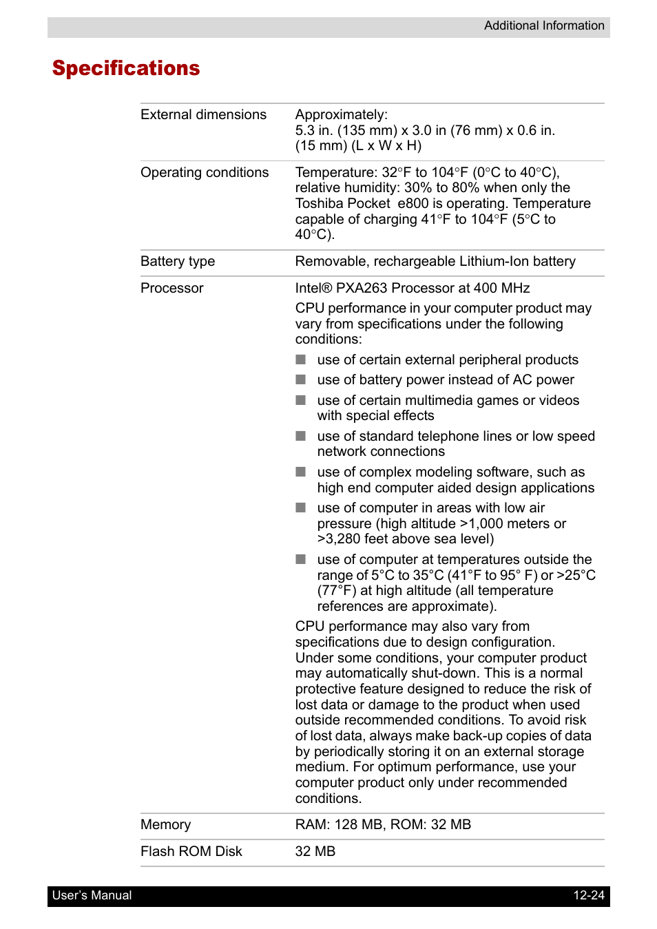 Specifications, Specifications -24 | Toshiba Pocket PC e800 User Manual | Page 222 / 223