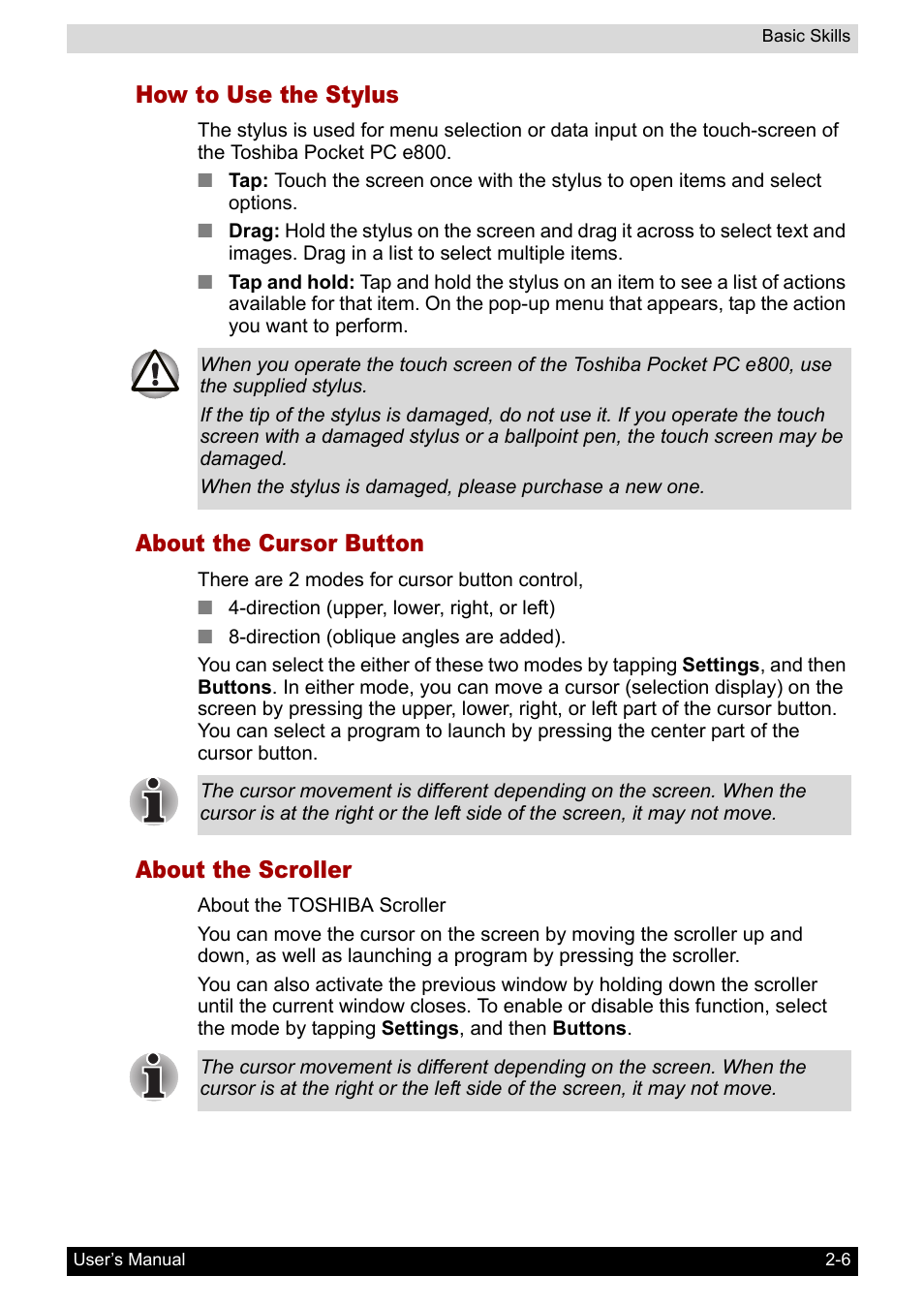 How to use the stylus, About the cursor button, About the scroller | Toshiba Pocket PC e800 User Manual | Page 24 / 223