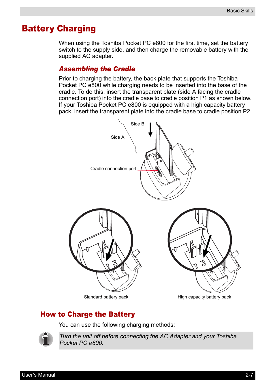 Battery charging, How to charge the battery, Battery charging -7 | Assembling the cradle | Toshiba Pocket PC e800 User Manual | Page 25 / 223