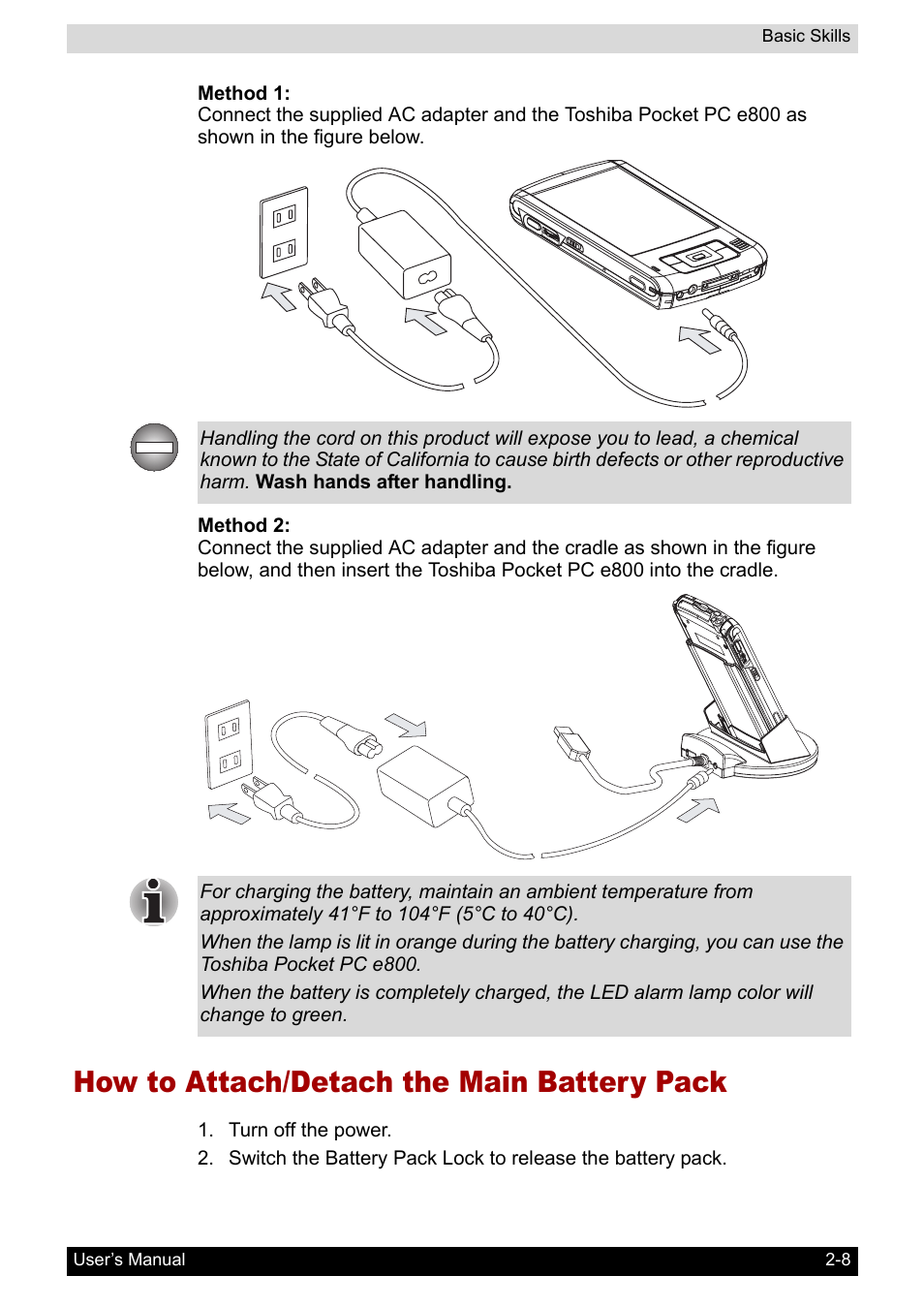 How to attach/detach the main battery pack, How to attach/detach the main battery pack -8 | Toshiba Pocket PC e800 User Manual | Page 26 / 223
