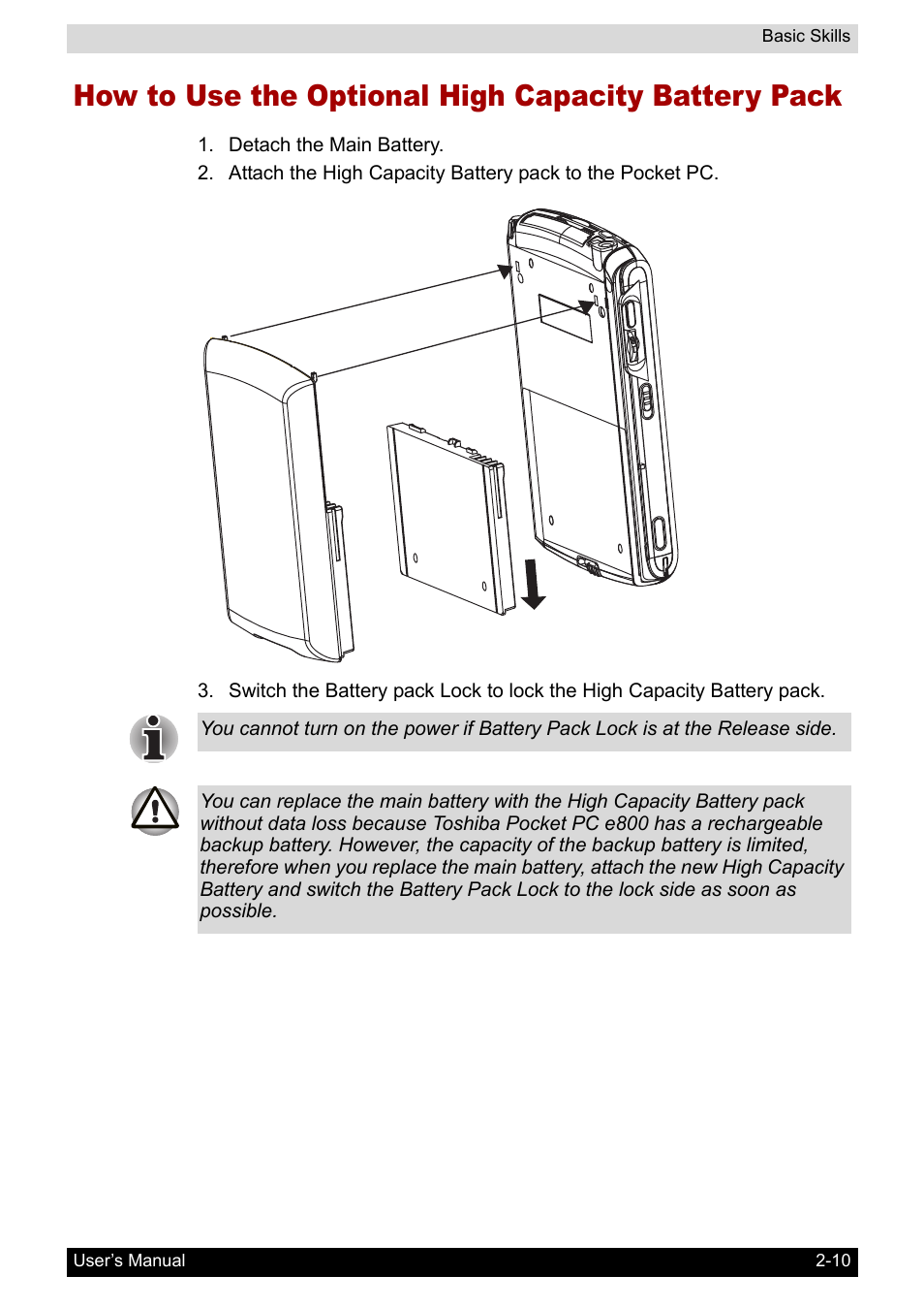 How to use the optional high capacity battery pack | Toshiba Pocket PC e800 User Manual | Page 28 / 223