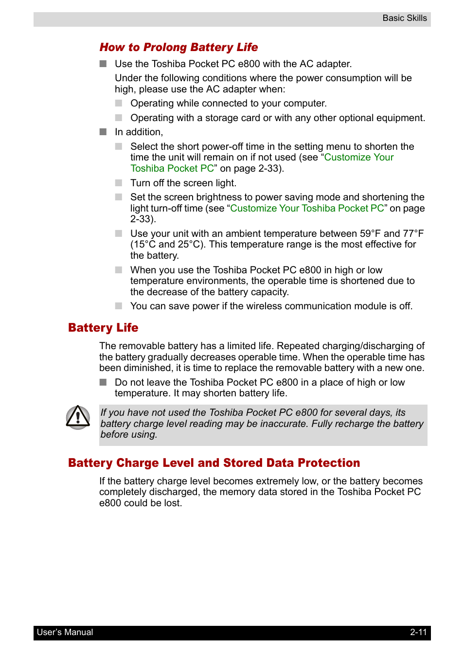 Battery life, Battery charge level and stored data protection | Toshiba Pocket PC e800 User Manual | Page 29 / 223