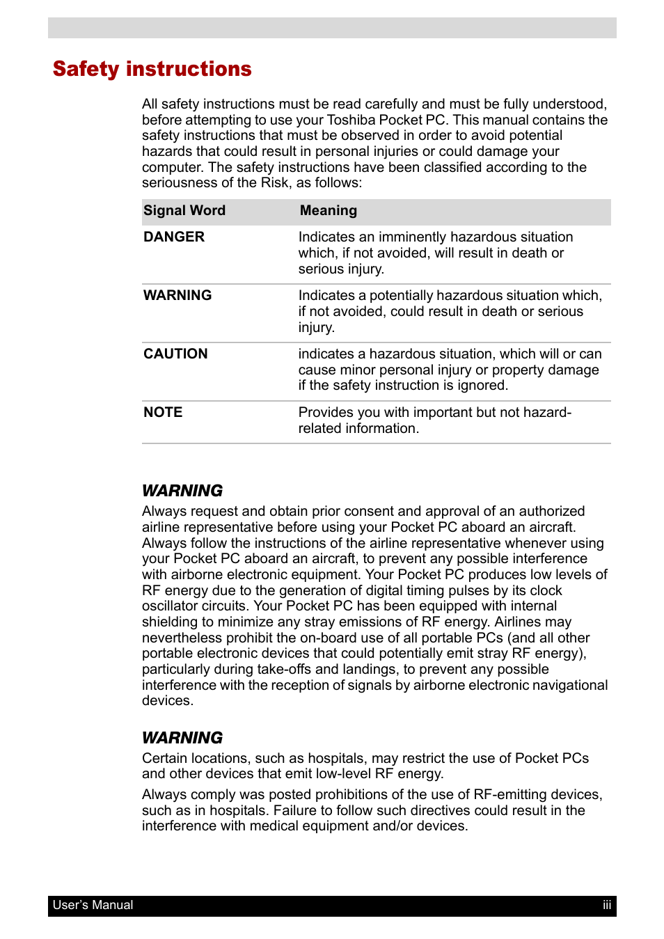 Safety instructions | Toshiba Pocket PC e800 User Manual | Page 3 / 223