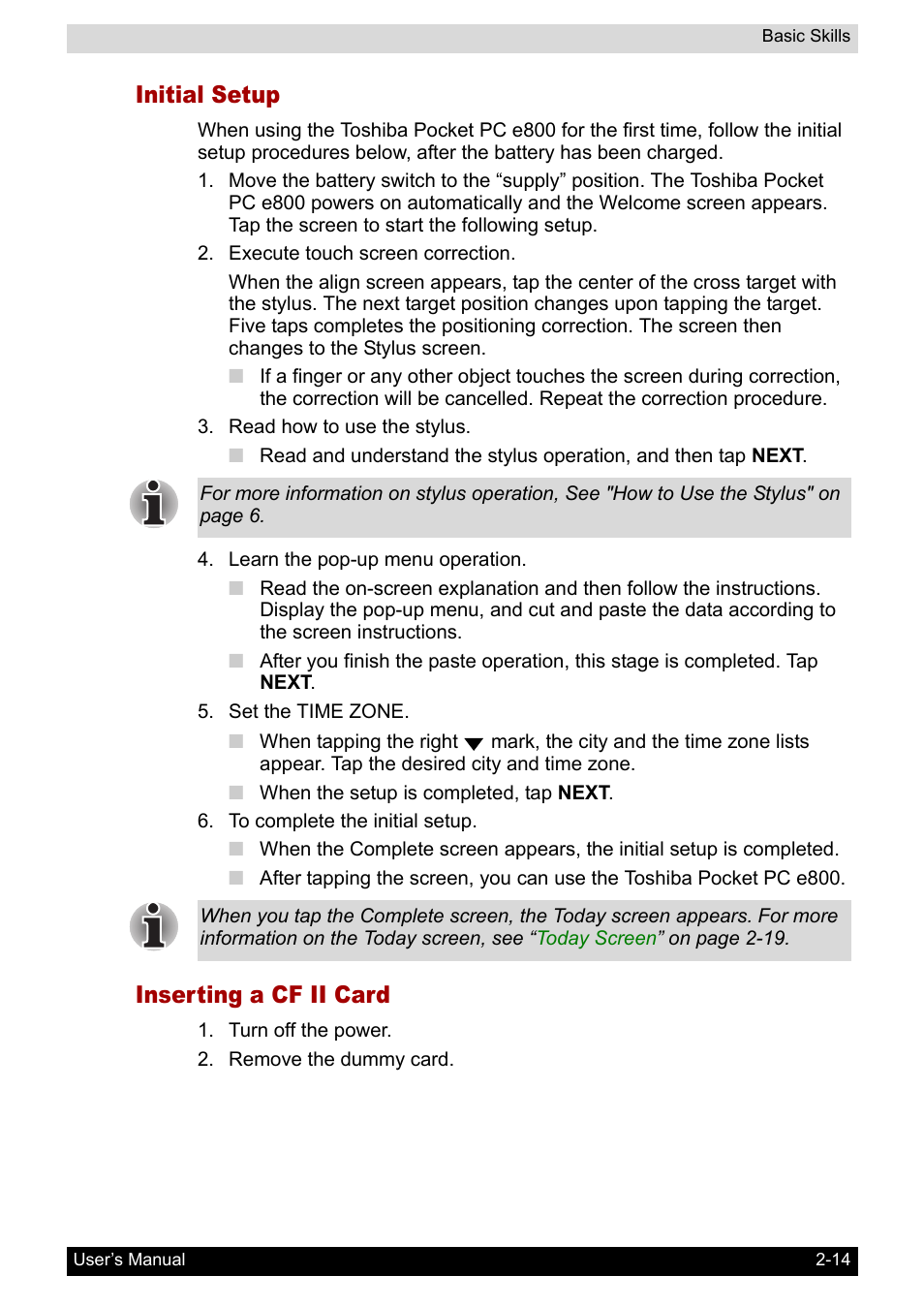 Initial setup, Inserting a cf ii card | Toshiba Pocket PC e800 User Manual | Page 32 / 223
