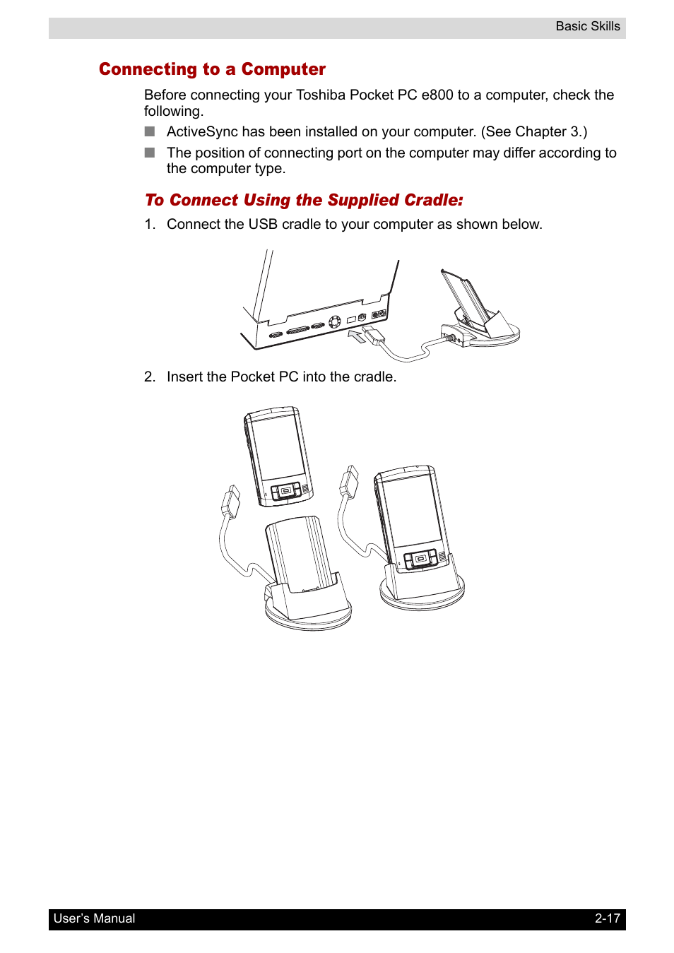 Connecting to a computer | Toshiba Pocket PC e800 User Manual | Page 35 / 223