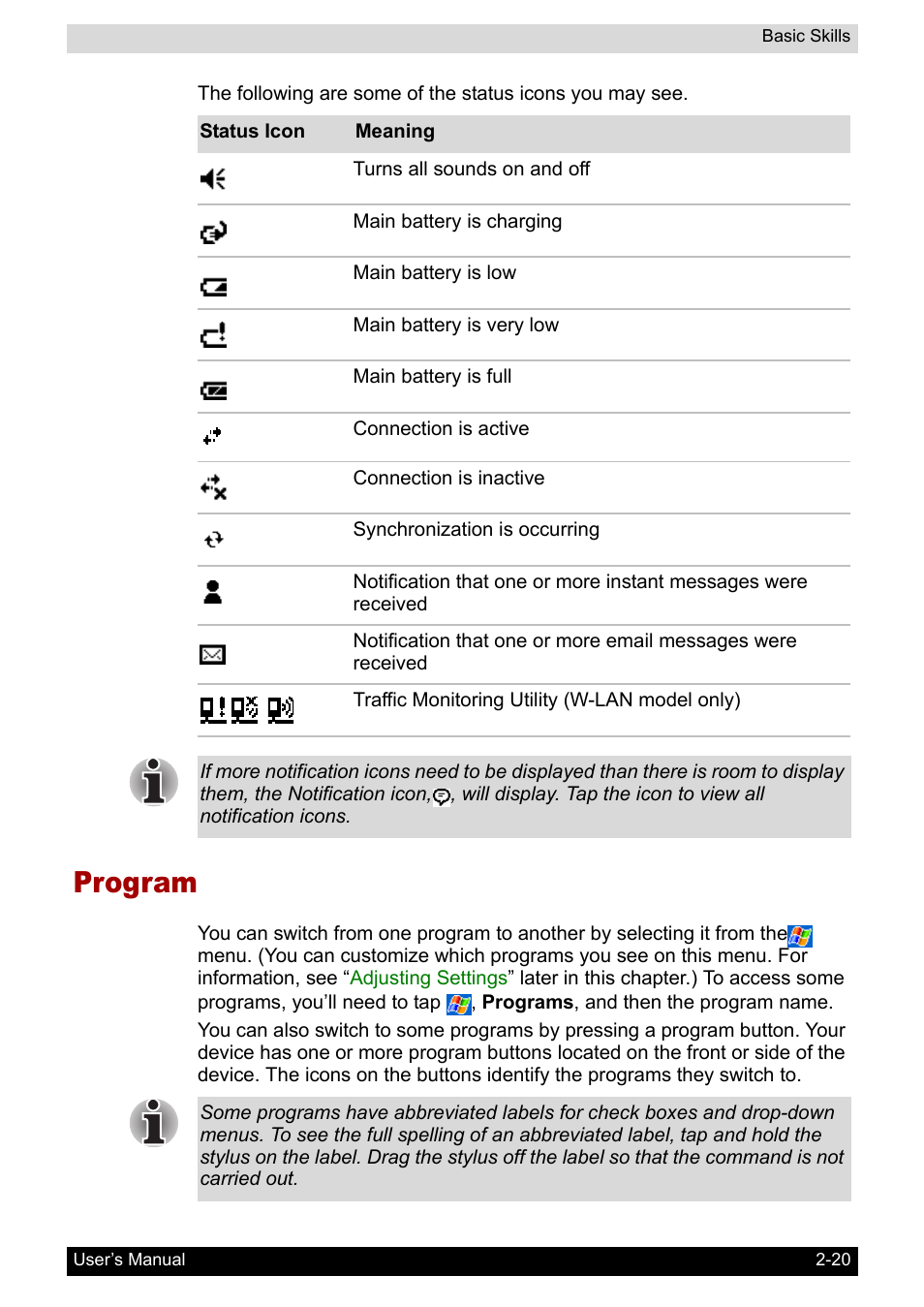 Program, Program -20 | Toshiba Pocket PC e800 User Manual | Page 38 / 223