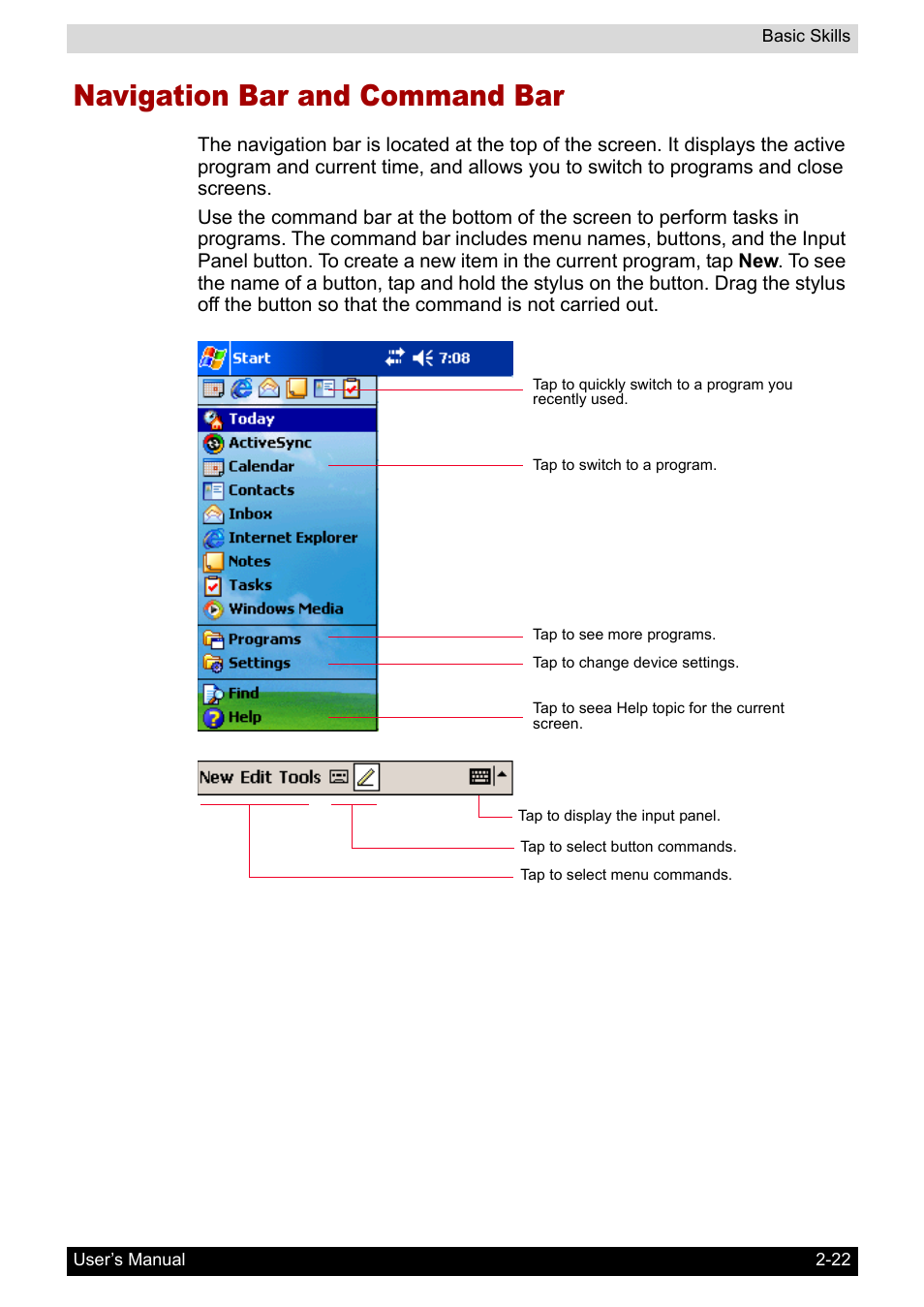 Navigation bar and command bar, Navigation bar and command bar -22 | Toshiba Pocket PC e800 User Manual | Page 40 / 223