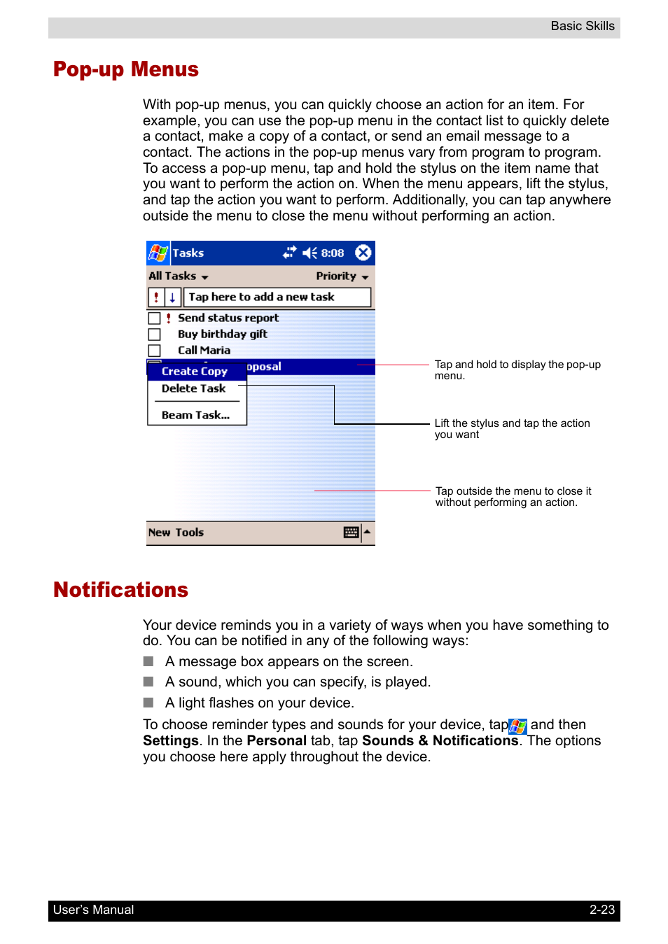 Pop-up menus, Notifications, Pop-up menus -23 notifications -23 | Toshiba Pocket PC e800 User Manual | Page 41 / 223