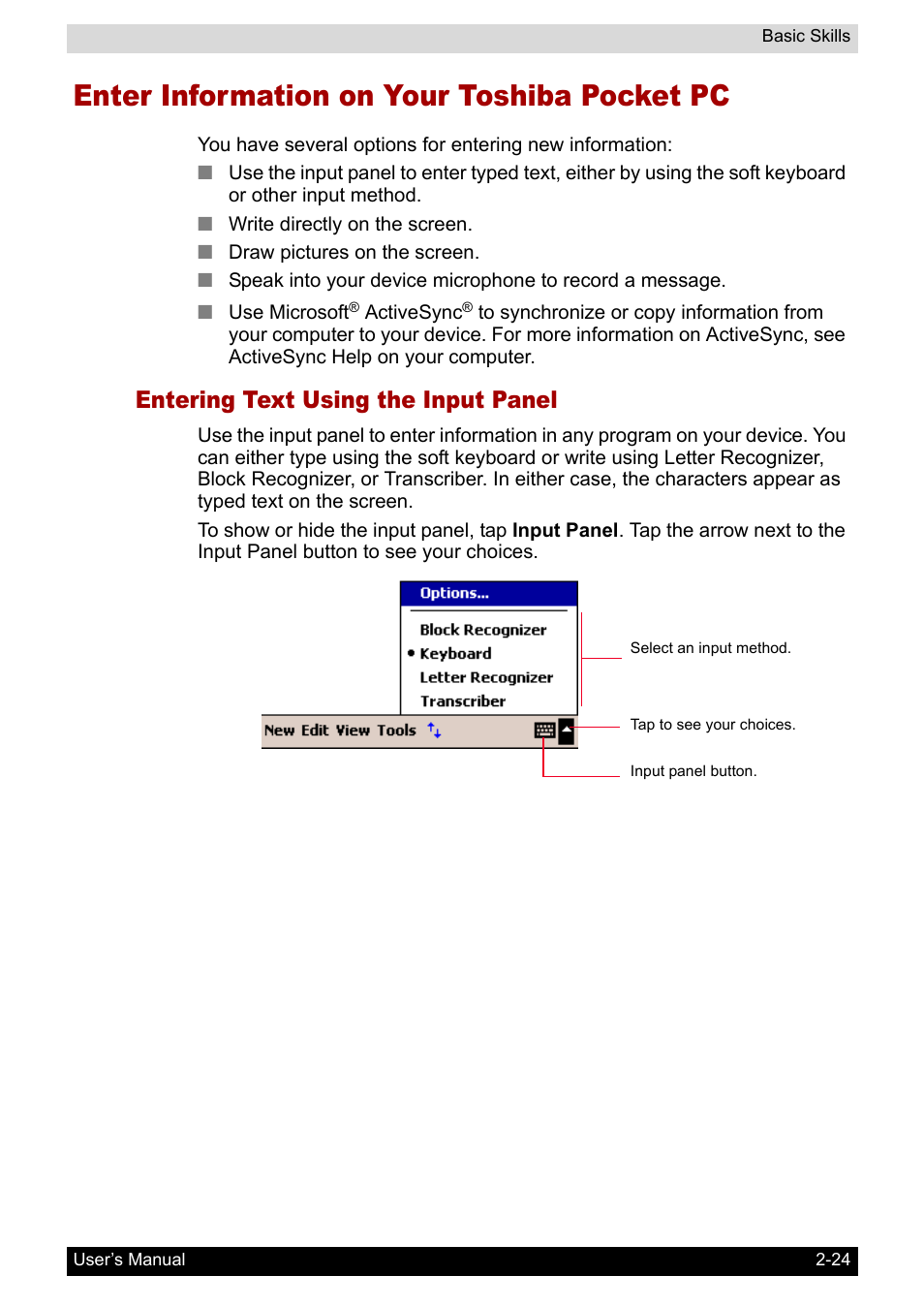 Enter information on your toshiba pocket pc, Entering text using the input panel, Enter information on your toshiba pocket pc -24 | Toshiba Pocket PC e800 User Manual | Page 42 / 223