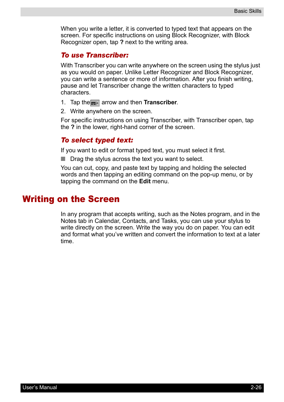 Writing on the screen, Writing on the screen -26 | Toshiba Pocket PC e800 User Manual | Page 44 / 223