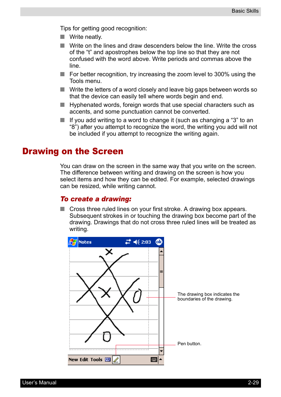 Drawing on the screen, Drawing on the screen -29 | Toshiba Pocket PC e800 User Manual | Page 47 / 223