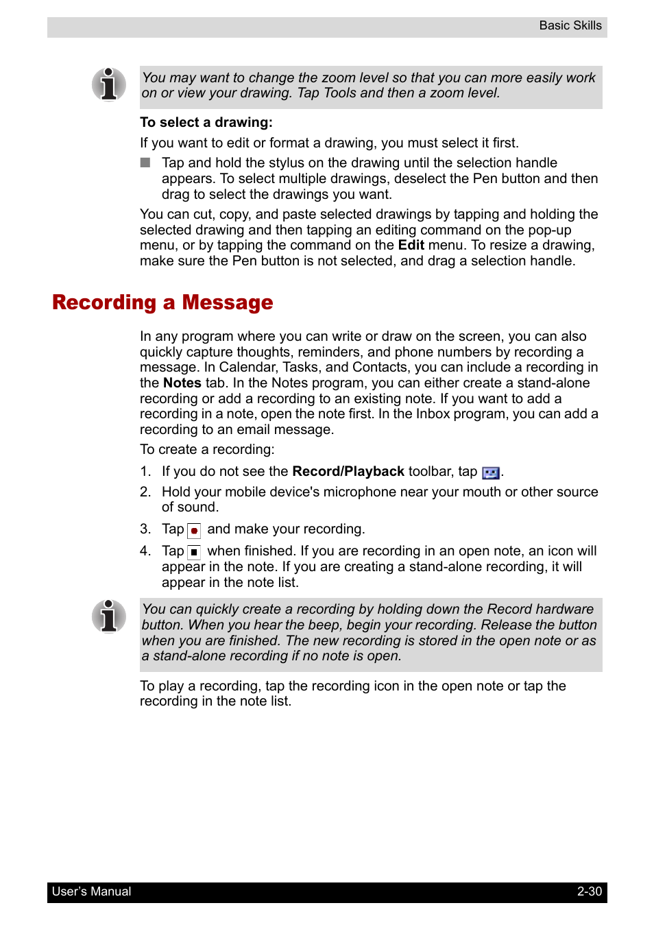 Recording a message, Recording a message -30 | Toshiba Pocket PC e800 User Manual | Page 48 / 223