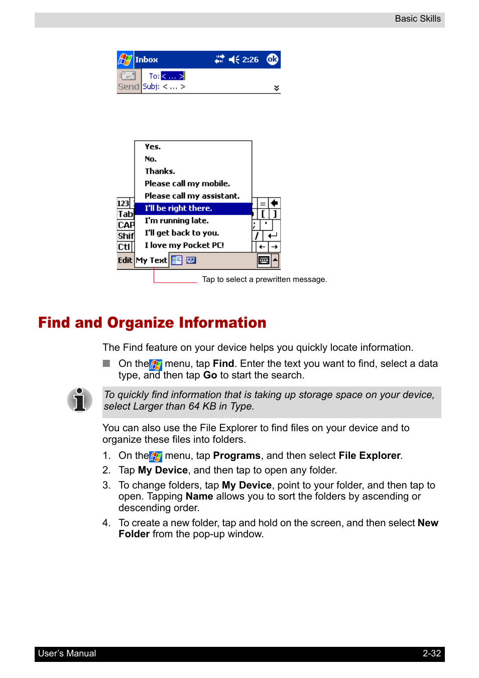 Find and organize information, Find and organize information -32 | Toshiba Pocket PC e800 User Manual | Page 50 / 223