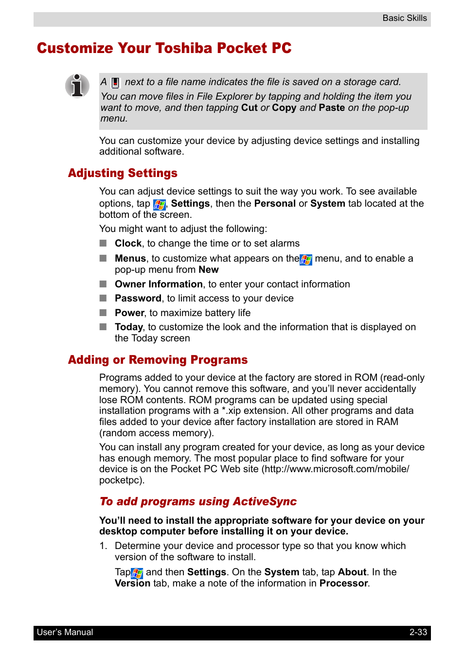 Customize your toshiba pocket pc, Adjusting settings, Adding or removing programs | Customize your toshiba pocket pc -33, Ed (see, Customize your, Toshiba pocket pc | Toshiba Pocket PC e800 User Manual | Page 51 / 223