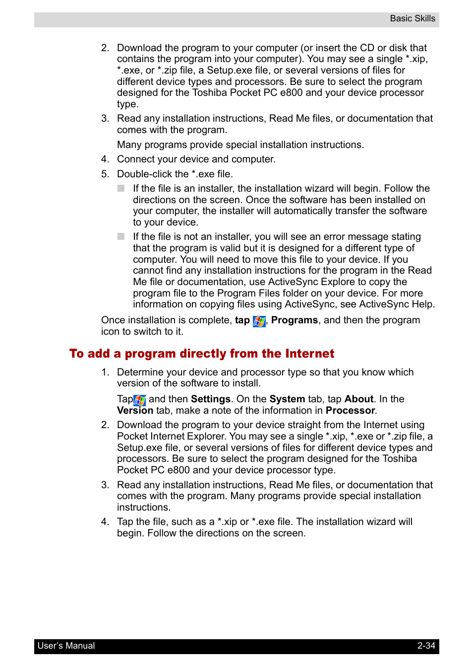 To add a program directly from the internet | Toshiba Pocket PC e800 User Manual | Page 52 / 223