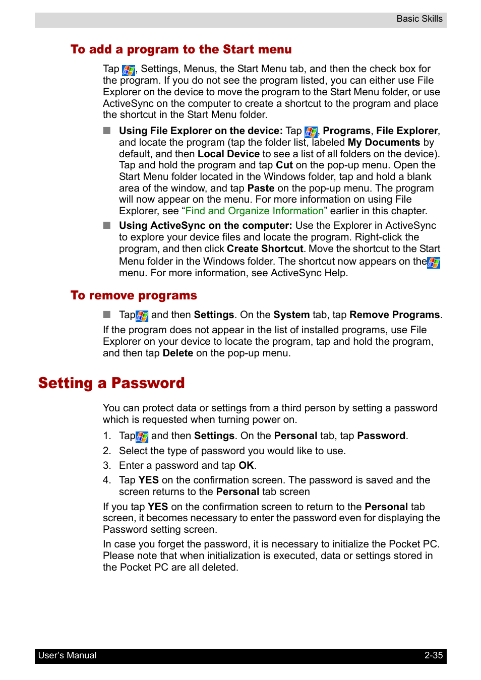 To add a program to the start menu, To remove programs, Setting a password | Setting a password -35 | Toshiba Pocket PC e800 User Manual | Page 53 / 223