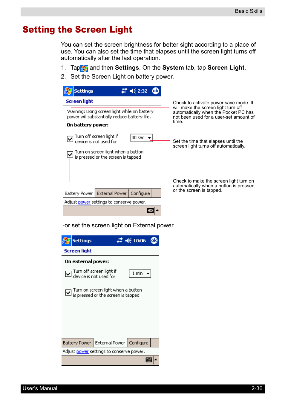 Setting the screen light, Setting the screen light -36 | Toshiba Pocket PC e800 User Manual | Page 54 / 223