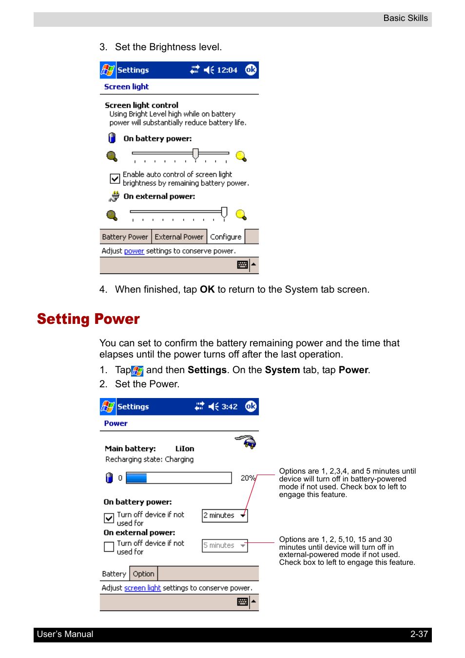 Setting power, Setting power -37 | Toshiba Pocket PC e800 User Manual | Page 55 / 223