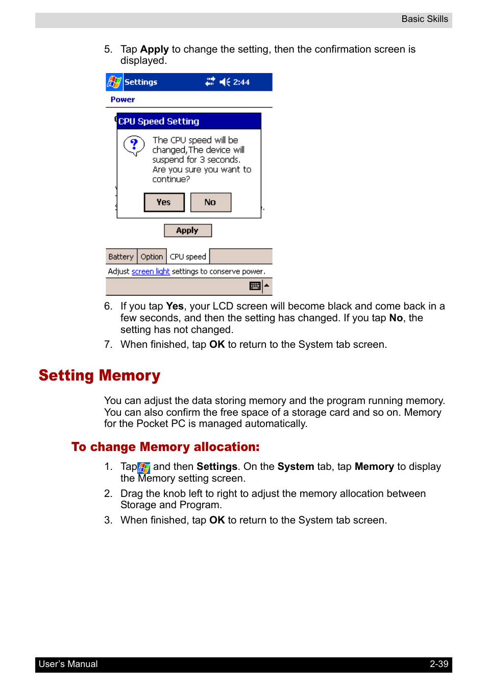 Setting memory, To change memory allocation, Setting memory -39 | Toshiba Pocket PC e800 User Manual | Page 57 / 223