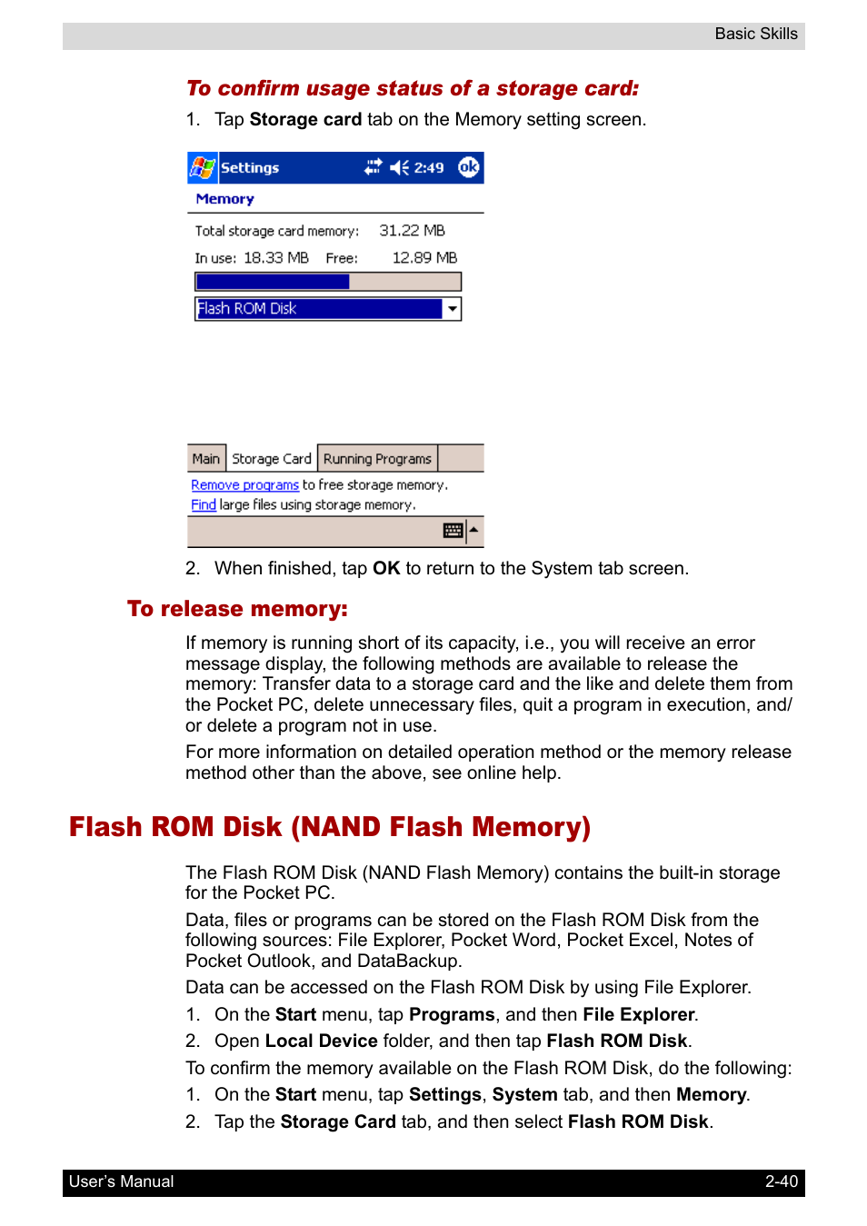 To release memory, Flash rom disk (nand flash memory), Flash rom disk (nand flash memory) -40 | Toshiba Pocket PC e800 User Manual | Page 58 / 223