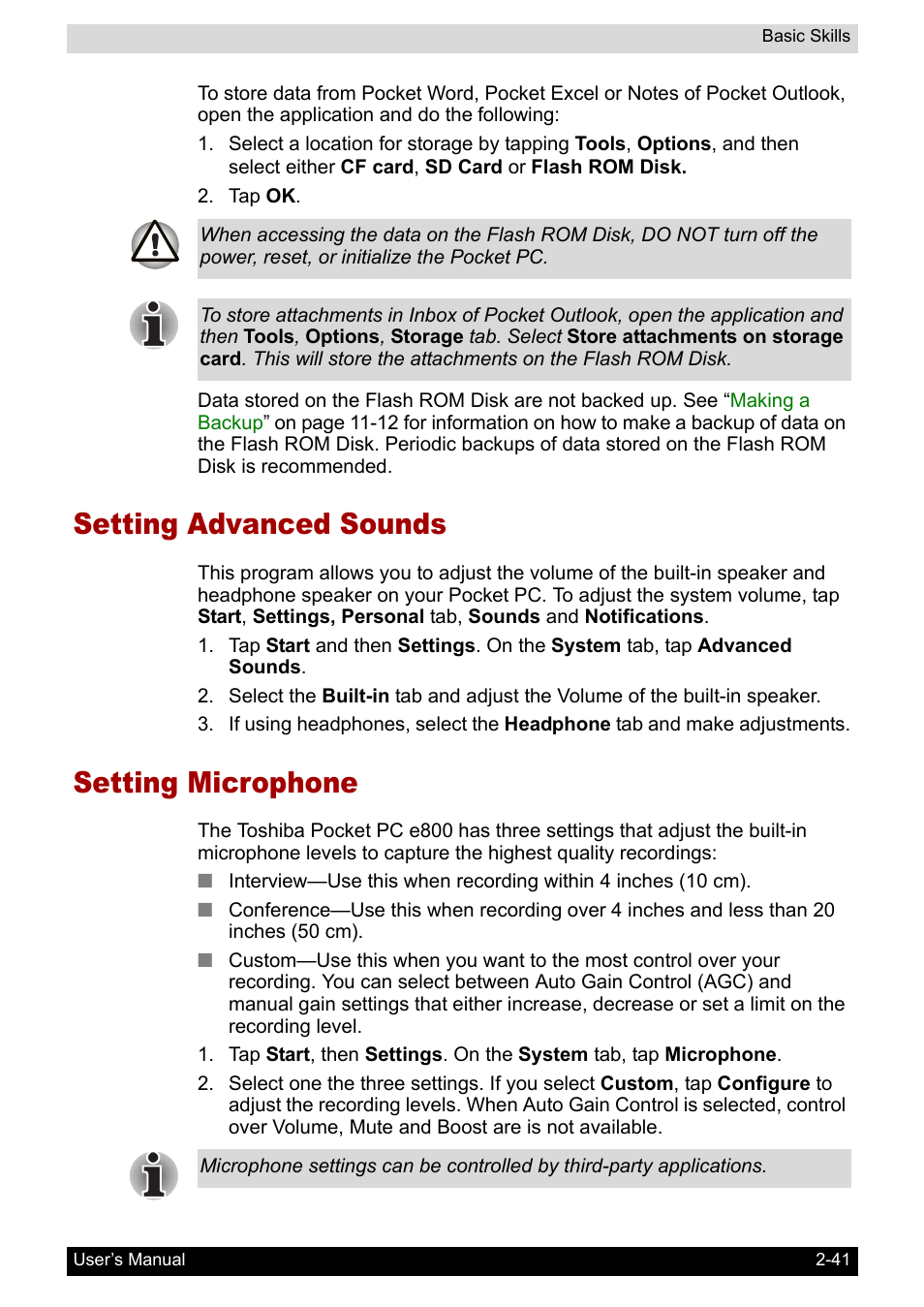 Setting advanced sounds, Setting microphone, Setting advanced sounds -41 setting microphone -41 | Toshiba Pocket PC e800 User Manual | Page 59 / 223