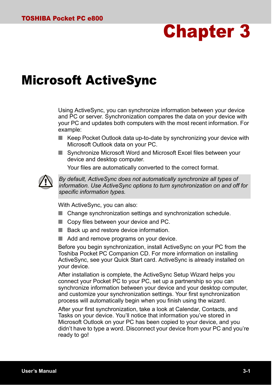 Microsoft activesync, Chapter 3 | Toshiba Pocket PC e800 User Manual | Page 62 / 223