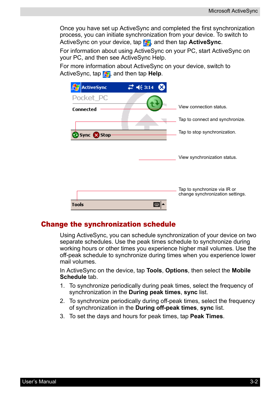 Change the synchronization schedule | Toshiba Pocket PC e800 User Manual | Page 63 / 223