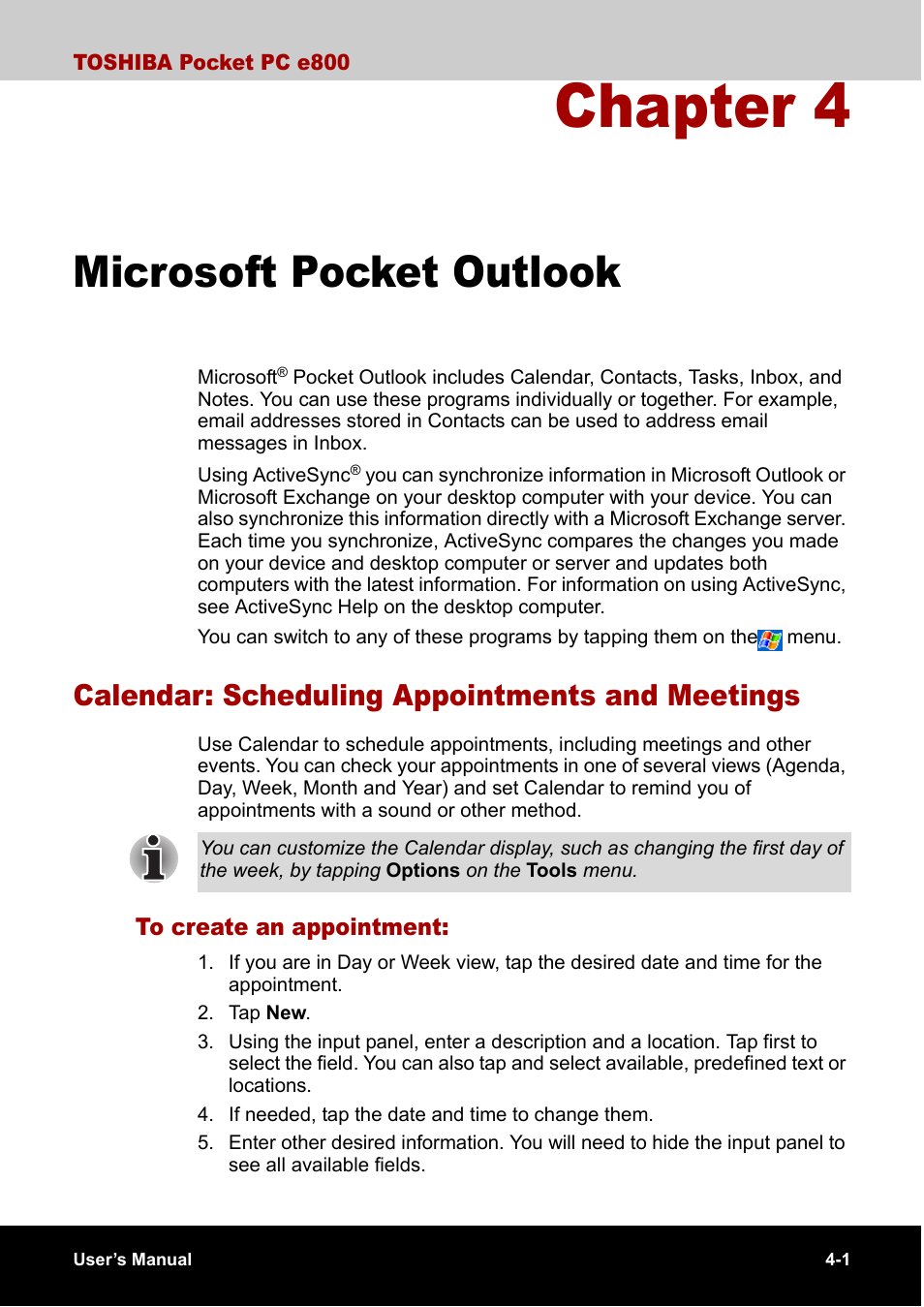 Microsoft pocket outlook, Calendar: scheduling appointments and meetings, To create an appointment | Chapter 4, Calendar: scheduling appointments and meetings -1 | Toshiba Pocket PC e800 User Manual | Page 64 / 223