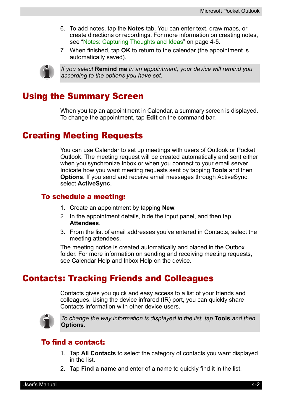 Using the summary screen, Creating meeting requests, To schedule a meeting | Contacts: tracking friends and colleagues, To find a contact | Toshiba Pocket PC e800 User Manual | Page 65 / 223