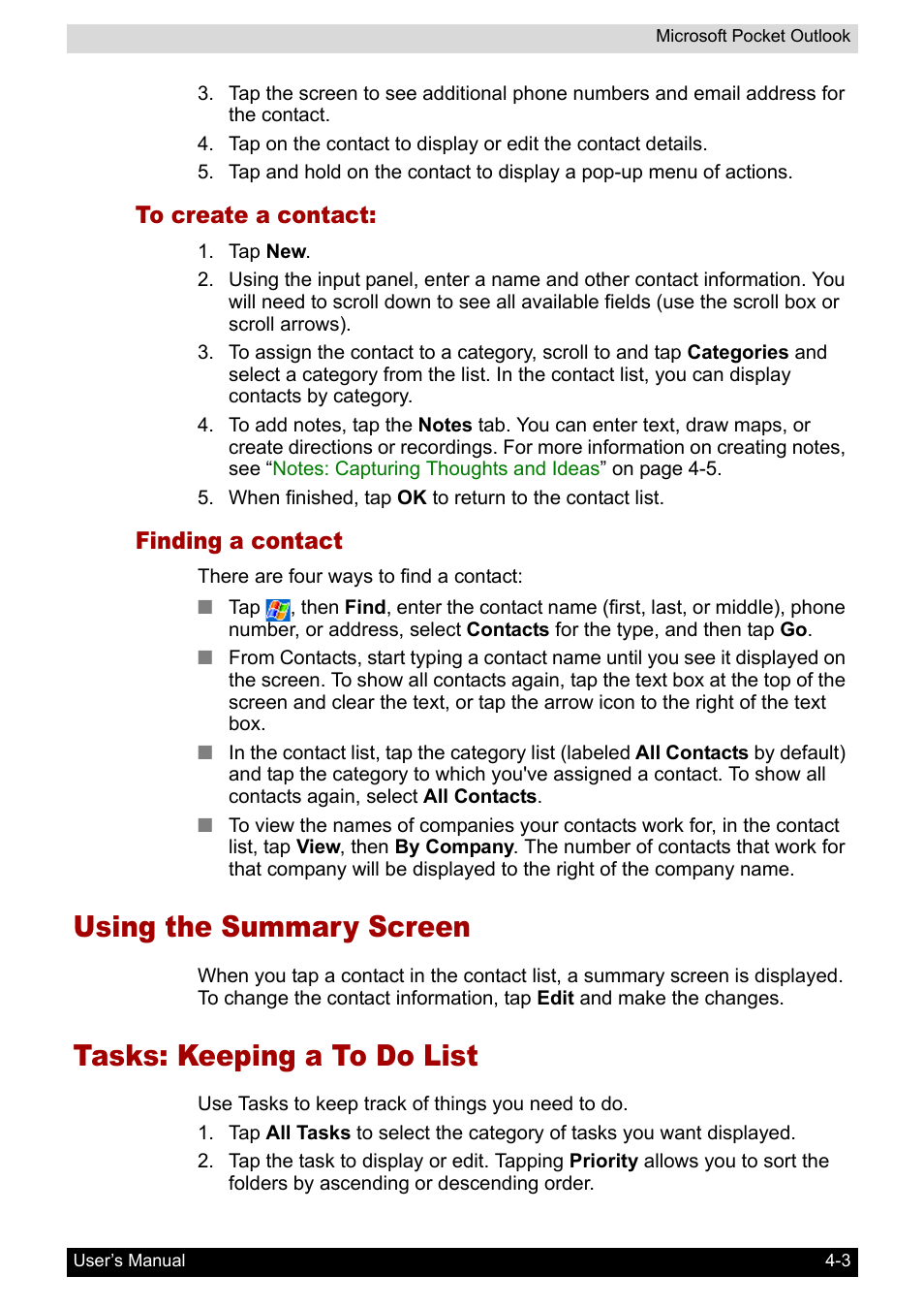 To create a contact, Finding a contact, Using the summary screen | Tasks: keeping a to do list | Toshiba Pocket PC e800 User Manual | Page 66 / 223