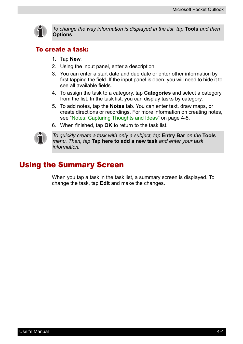 To create a task, Using the summary screen, Using the summary screen -4 | Toshiba Pocket PC e800 User Manual | Page 67 / 223