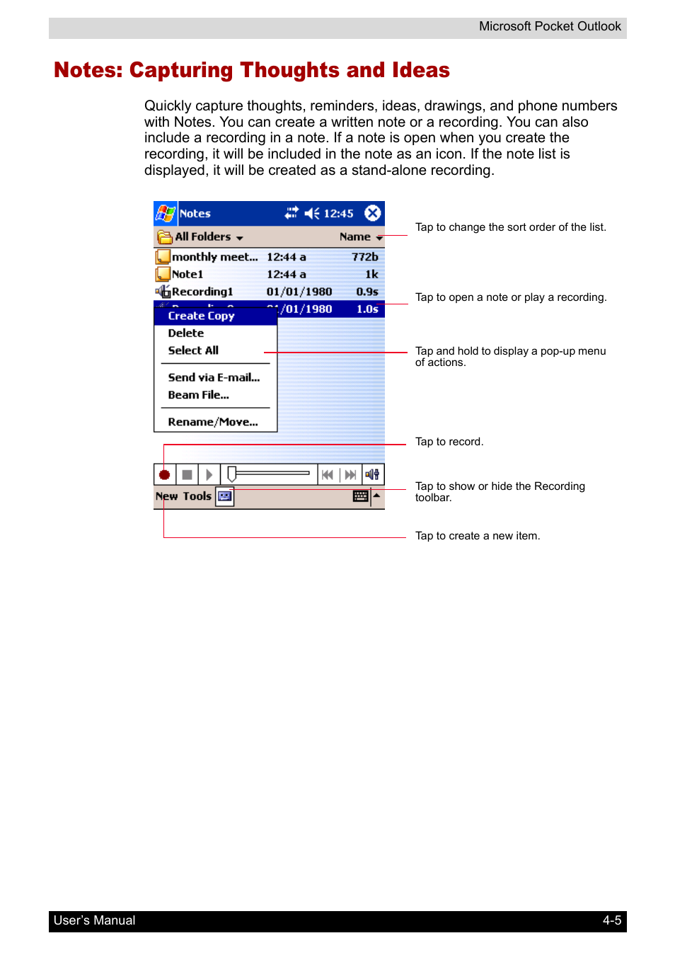 Notes: capturing thoughts and ideas, Notes: capturing thoughts and ideas -5 | Toshiba Pocket PC e800 User Manual | Page 68 / 223
