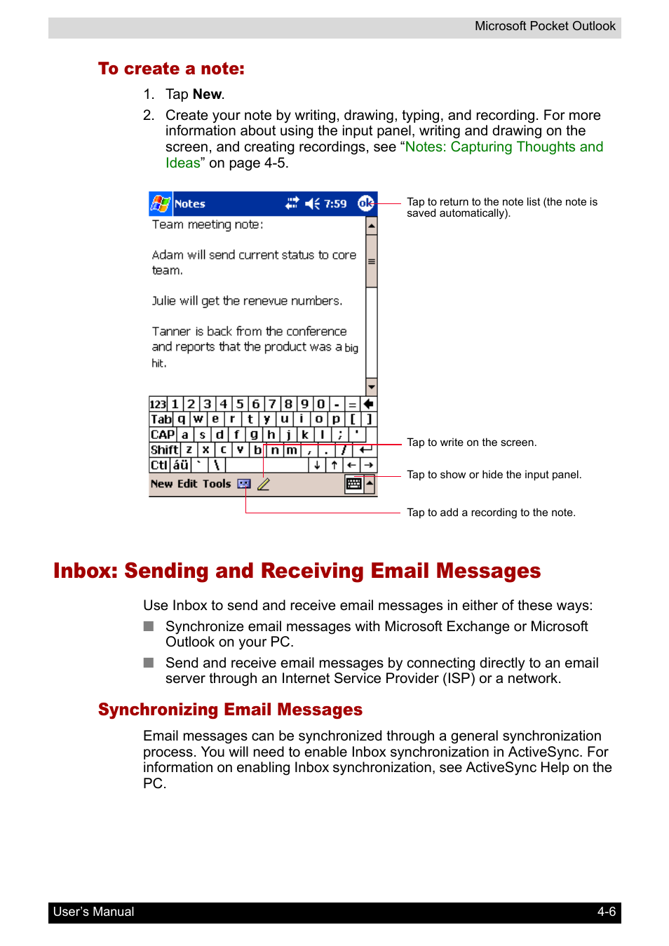 To create a note, Inbox: sending and receiving email messages, Synchronizing email messages | Inbox: sending and receiving email messages -6 | Toshiba Pocket PC e800 User Manual | Page 69 / 223