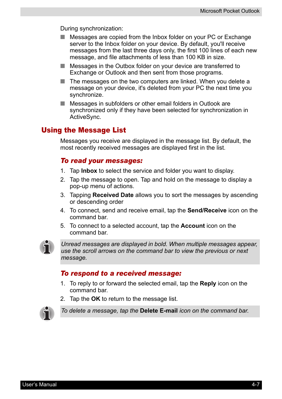 Using the message list | Toshiba Pocket PC e800 User Manual | Page 70 / 223