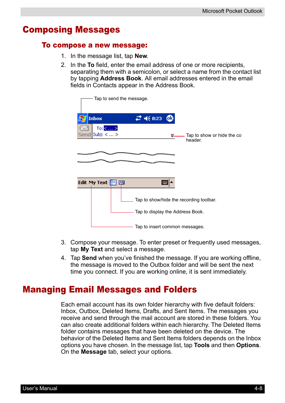 Composing messages, To compose a new message, Managing email messages and folders | Toshiba Pocket PC e800 User Manual | Page 71 / 223