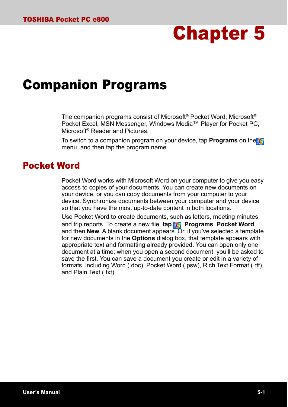 Companion programs, Pocket word, Chapter 5 | Pocket word -1 | Toshiba Pocket PC e800 User Manual | Page 73 / 223
