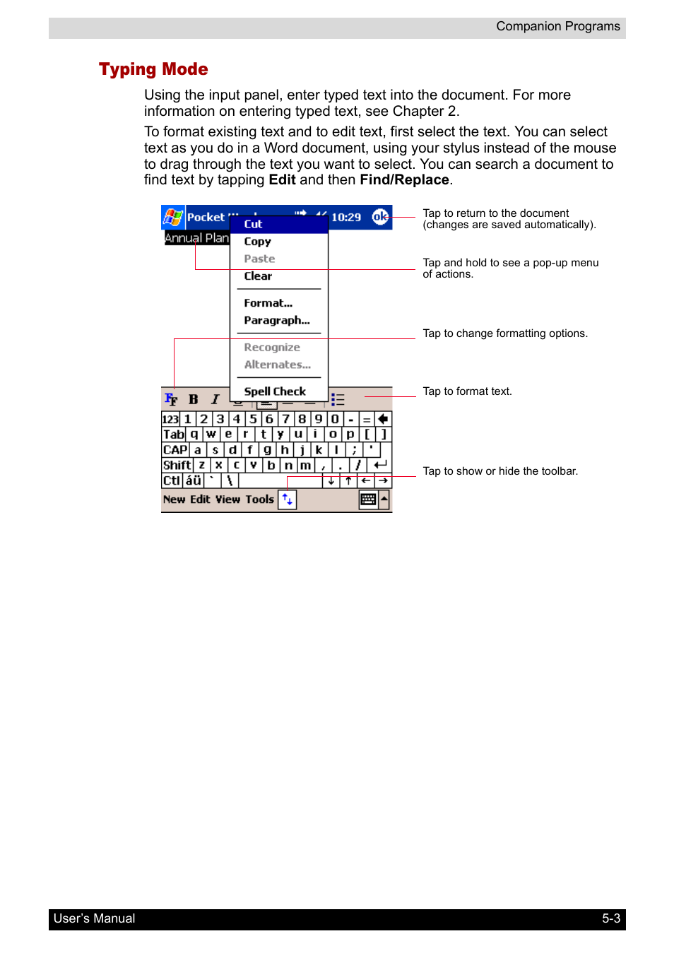 Typing mode | Toshiba Pocket PC e800 User Manual | Page 75 / 223