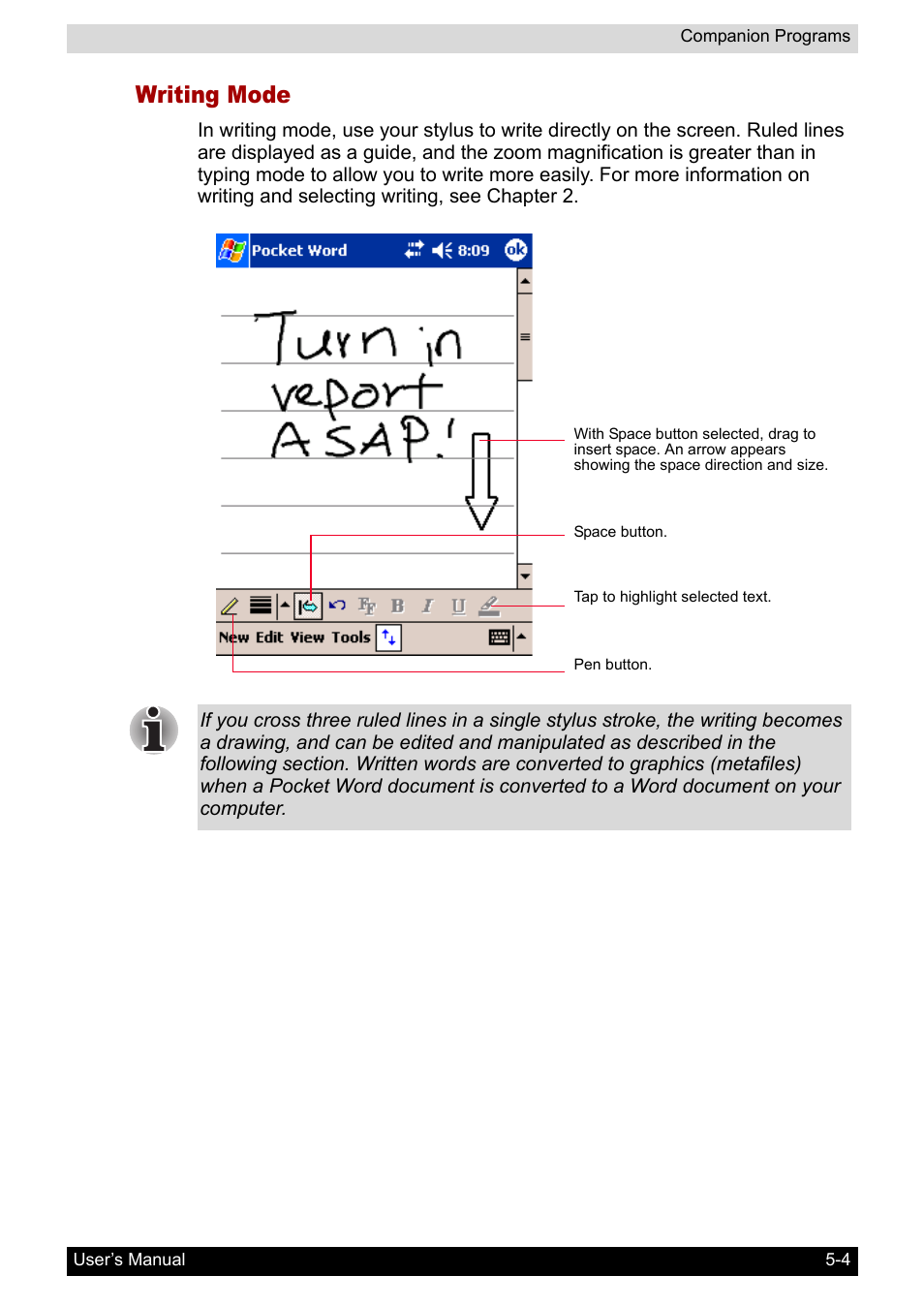 Writing mode | Toshiba Pocket PC e800 User Manual | Page 76 / 223