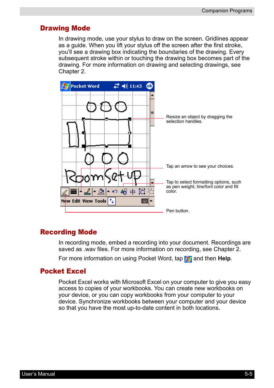 Drawing mode, Recording mode, Pocket excel | Toshiba Pocket PC e800 User Manual | Page 77 / 223