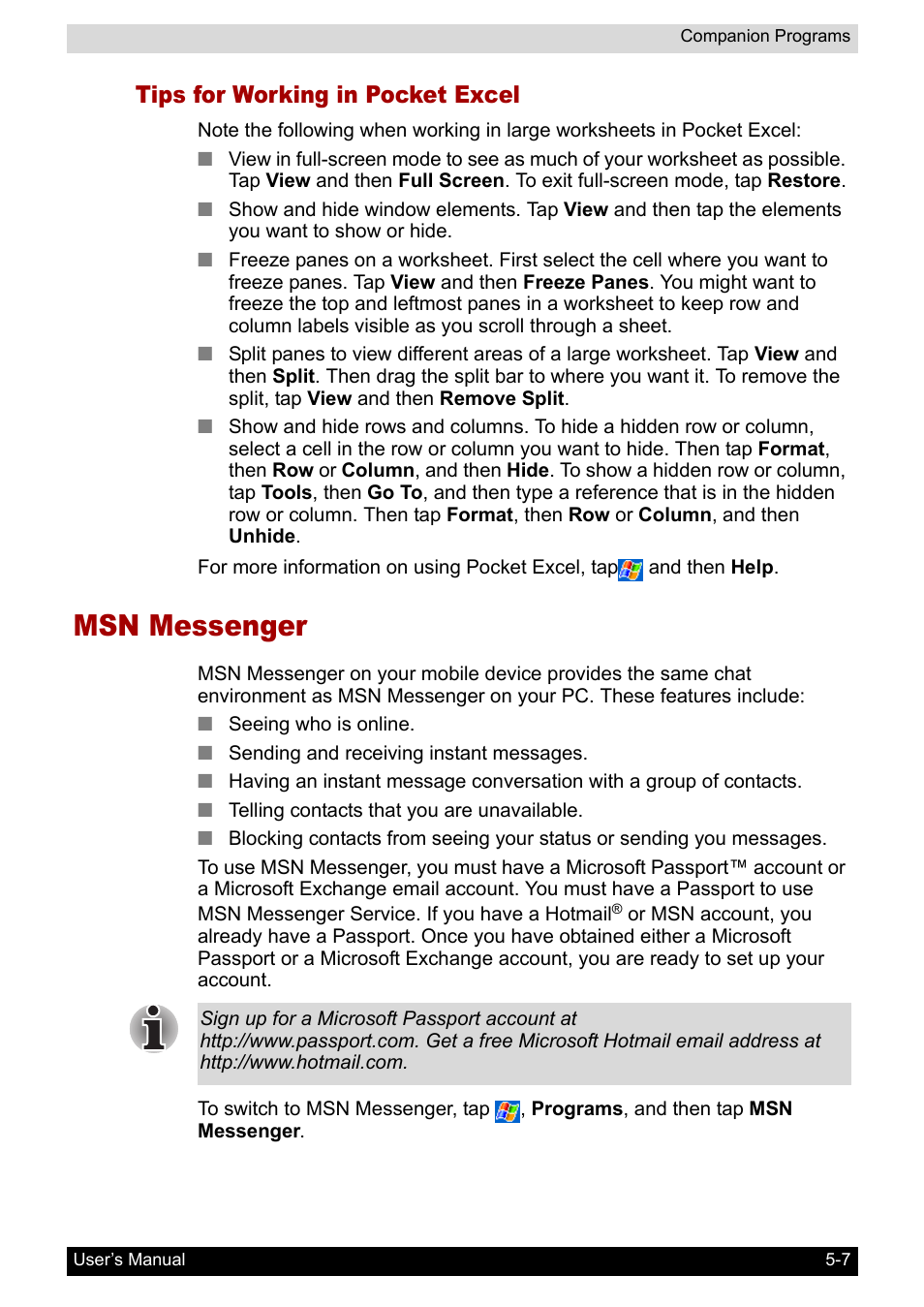 Tips for working in pocket excel, Msn messenger, Msn messenger -7 | Toshiba Pocket PC e800 User Manual | Page 79 / 223