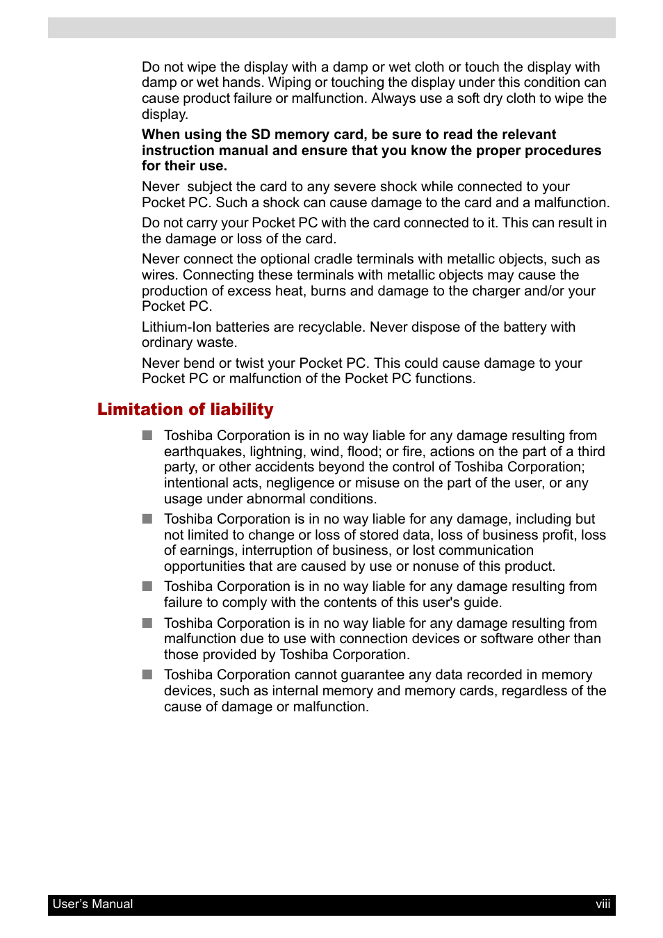 Limitation of liability | Toshiba Pocket PC e800 User Manual | Page 8 / 223